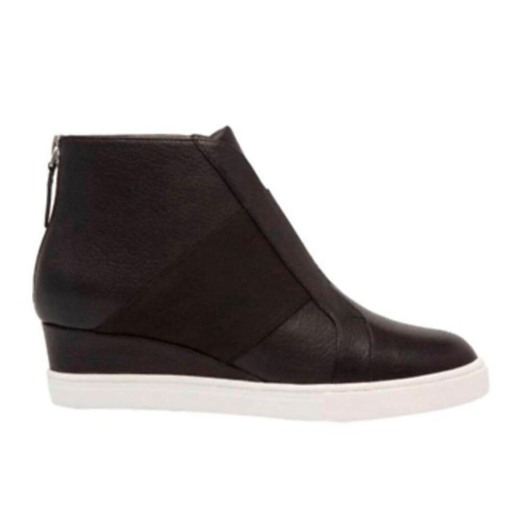 LINEA PAOLO Felicia Black Leather Wedge Sneaker Size 8.5M